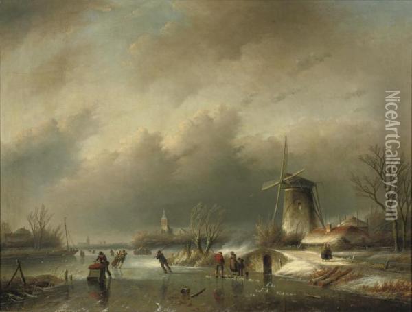 Skaters On The Ice Near A Windmill Oil Painting - Jan Jacob Coenraad Spohler