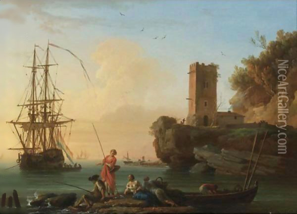 A Coastal Landscape At Dusk With Fishermen And Women In The Foreground, Sailors Disembarking From A Ship Beyond Oil Painting - Claude-joseph Vernet