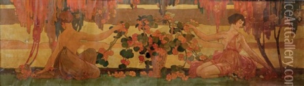 Deux Jeunes Femmes Et Bouquet De Fleurs Dans Un Paysage Oil Painting - Emile Berchmans