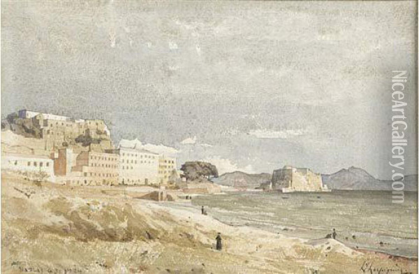 Vue De Bord De Mer A Naples. Oil Painting - Henri-Joseph Harpignies