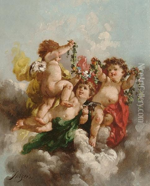 Putti Bearing Garlands Of Flowers Amongst Clouds Oil Painting - Charles Augustus Henry Lutyens