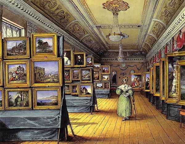Interior of the Great Room at the Hotel du Chevald d'Or, Frankfurt AM, Open for the Exhibition of Pictures, May 1835 Oil Painting - Mary Ellen Best