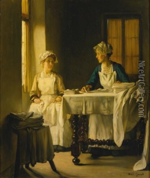Interior With Two Women Folding Sheets Oil Painting - Joseph Bail