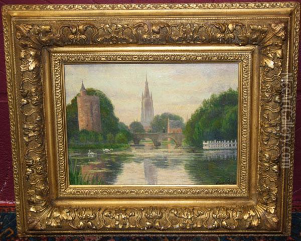 Aube Au Lac L'amour, 
Bruges, 
In Ornate Gilt Frame Oil Painting - Omer Coppens