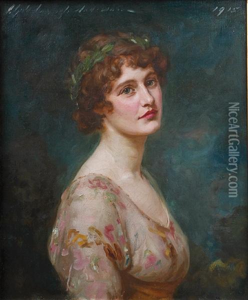 Half Length Portrait Of Mrs Creasy Wearing Afloral Dress Oil Painting - Charles Goldsborough Anderson