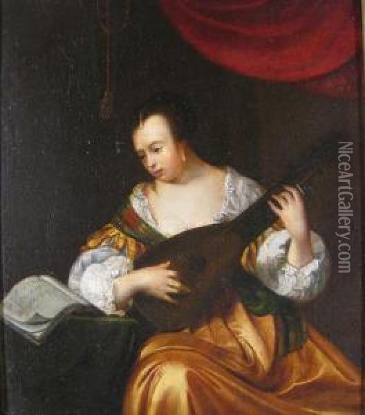 Woman Playing A Lute Oil Painting - Frans Ii Van Mieris