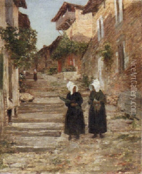 Breton Women On A Village Street Oil Painting - Guillaume Alaux