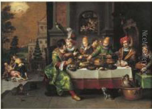 Scene De Banquet : Lazare Et Le Mauvais Riche Oil Painting - Kasper or Gaspar van den Hoecke