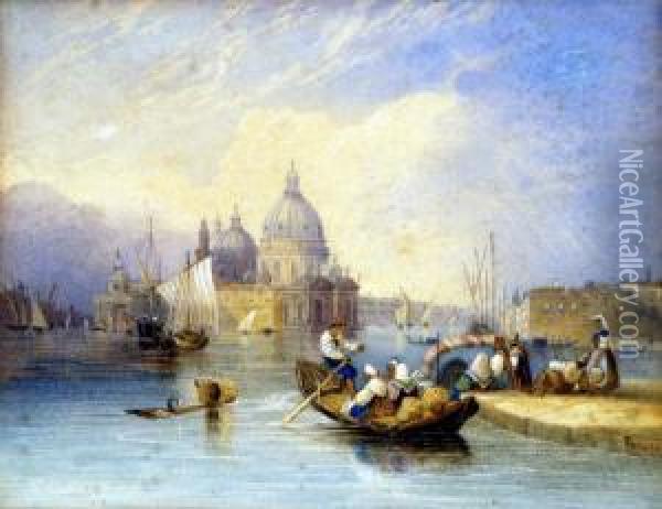 Venice, The Doges Palace From The Water, A Busy Scene With Figures And Gondolas Oil Painting - Charles Frederick Buckley