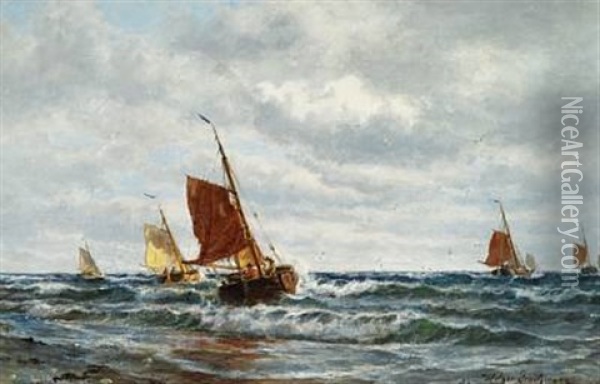 Fishing Boats Off The Dutch Coast Oil Painting - Holger Henrik Herholdt Drachmann