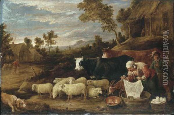 A Pastoral Landscape With A Washerwoman And A Herdsman With Cattleand Sheep Oil Painting - David The Younger Teniers