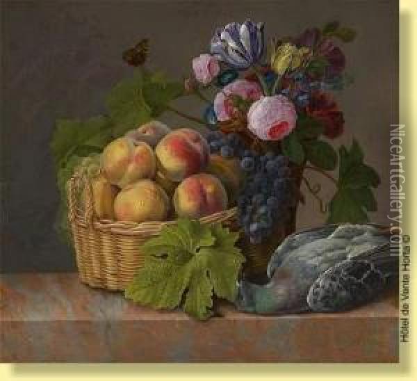 Composition Aux Fleurs, Fruits Et Pigeon Oil Painting - Michel Joseph Speeckaert