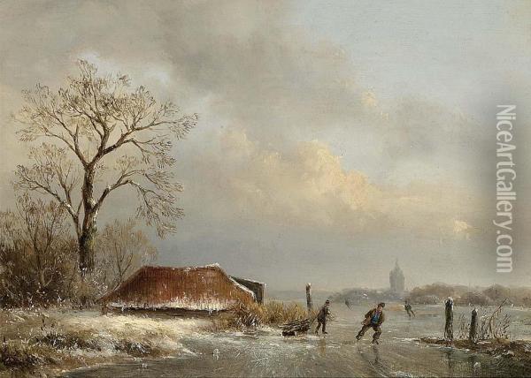 Skaters On A Frozen Waterway Oil Painting - Josephus Gerardus Hans