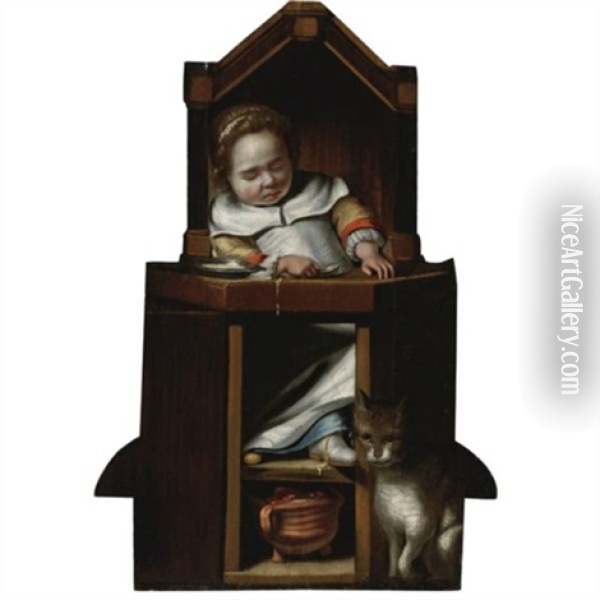 A Boy Asleep In His High Chair Oil Painting - Cornelis Bisschop