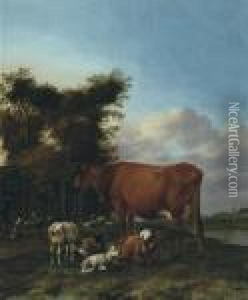 Shepherds With Resting Cattle Near The Water (1662) Oil Painting - Albert-Jansz. Klomp