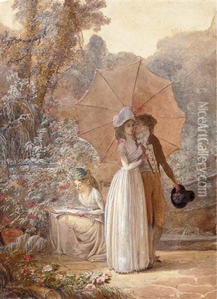 A Couple Embracing Under A Parasol While A Girl Sketches In The Garden Beyond Oil Painting - Jean-Baptiste Mallet