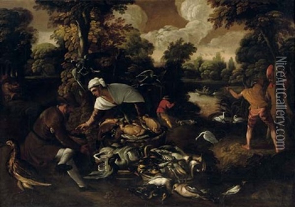 A Peasant Woman Selling Poultry In A Wooded River Landscape, Hunters In The Foreground And Beyond Oil Painting - Paolo Fiammingo