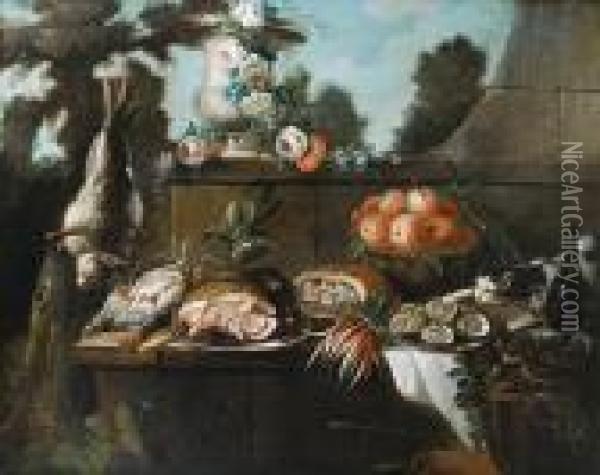 A Basket Of Peaches With A Ham 
On A Stonetable-top, A Cat Stealing From A Plate Of Oysters, A Dead 
Harehanging From A Tree, And A Stone Urn With A Garland Offlowers Oil Painting - Jean-Baptiste Oudry