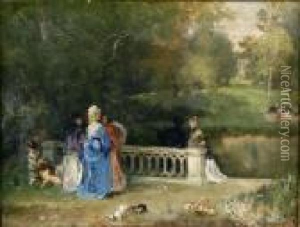 [le Point De Vue.] Huile Sur Toile, Signee En Bas A Gauche Oil Painting - Florent Nicolas Crabeels