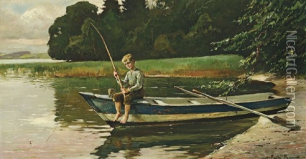 Junge Beim Angeln Oil Painting - Friedrich (Fritz) Raupp
