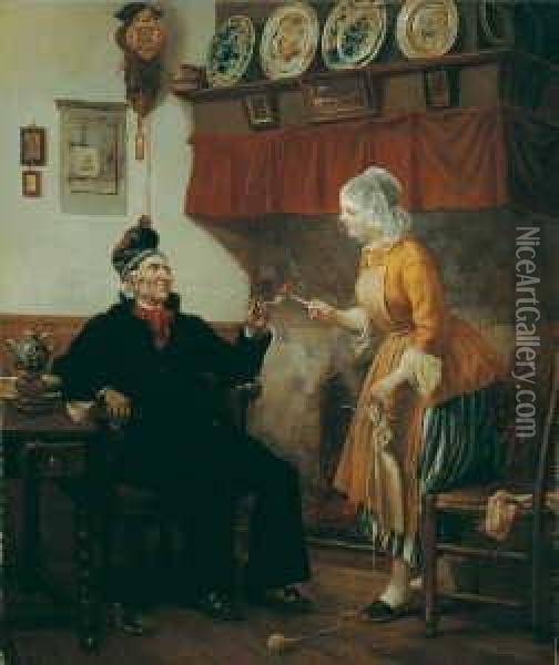 Hausliche Szene. Signiert Und Datiert Unten Rechts: Carl Hubner 1876. Ol Auf Leinwand. H 71,5; B 60,5 Cm. Oil Painting - Carl Hubner