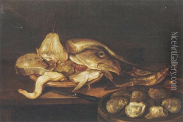 A Bowl Of Clams With A Plate Of Fish And Oysters On A Table Oil Painting - Alexander Adriaenssen the Elder