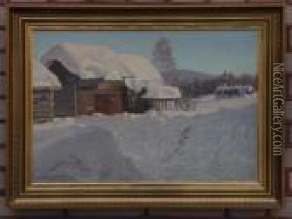 Vinterlandskap Med Timmerstuga Alvdalen Oil Painting - Anshelm Schultzberg