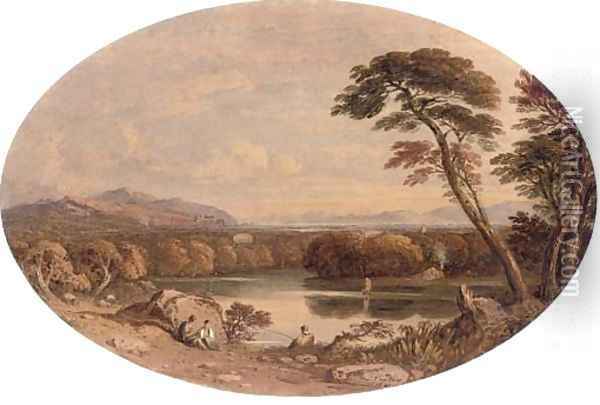 Romantic landscape with figures in the foreground Oil Painting - John Varley