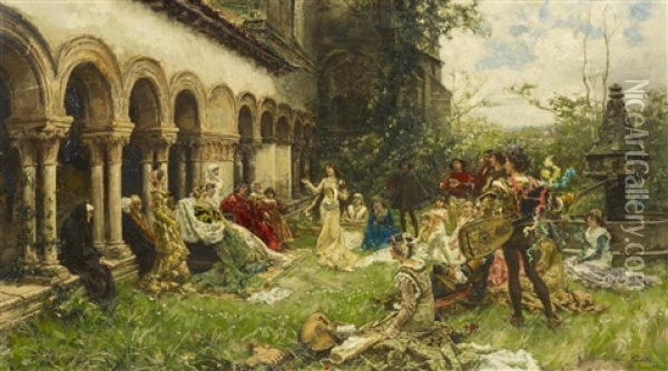Die Verlobung Lucrezias Vor Rodrigo Borgia (alexander Vi) In Santa Scolastica (?) Oil Painting - Francisco Pradilla y Ortiz