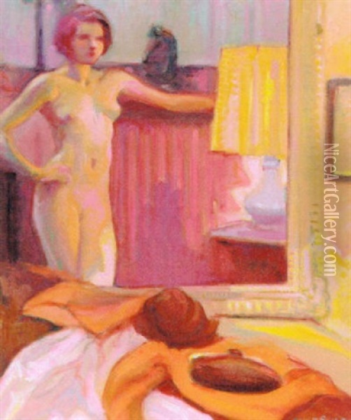 Nogen Kvinde Staende Foran Spejl I Gyldent Lys Oil Painting - Andre Meaux-Saint-Marc