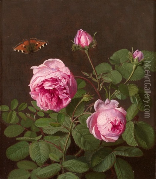 Rosenbluten Mit Tautropfen Und Schmetterling Oil Painting - Otto Didrik Ottesen