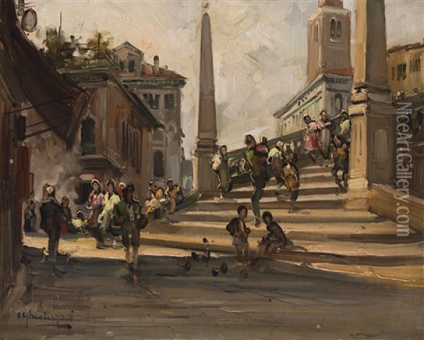 Mercato. Il Ponte Delle Guglie, Venezia Oil Painting - Cesare Gheduzzi