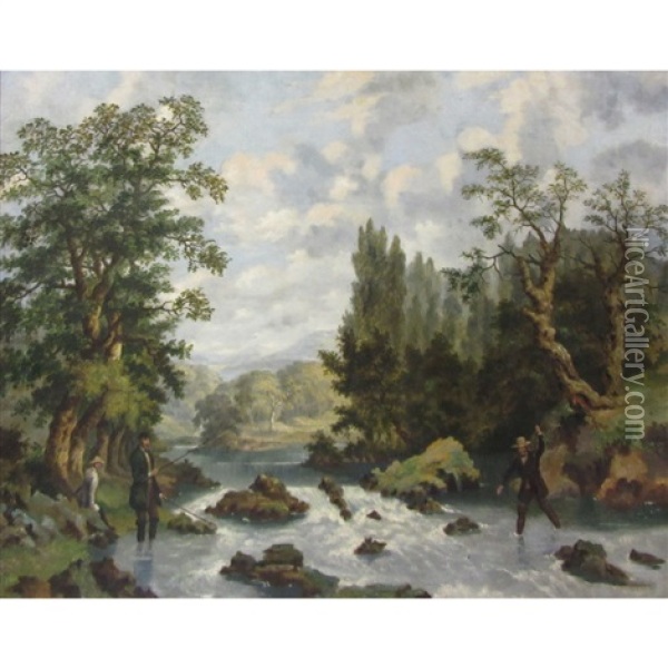 Anglers Fishing In The Rapids Oil Painting - Dean Wolstenholme the Younger