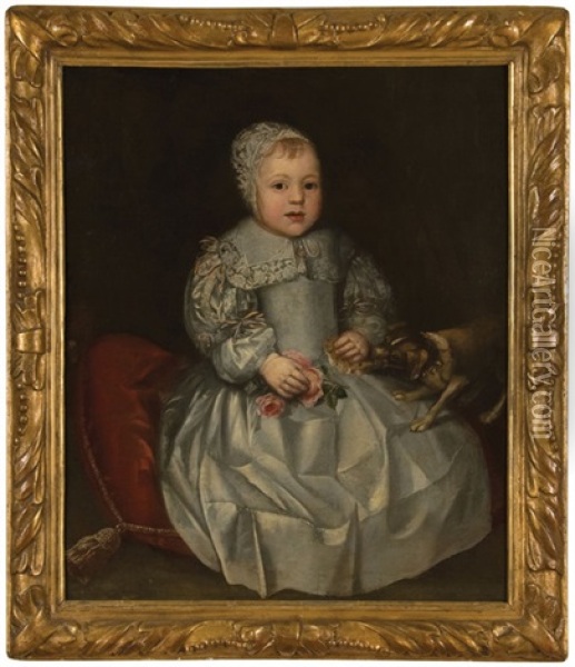 Portrait Of A Child In White Dress With A Dog Oil Painting - William Hoare