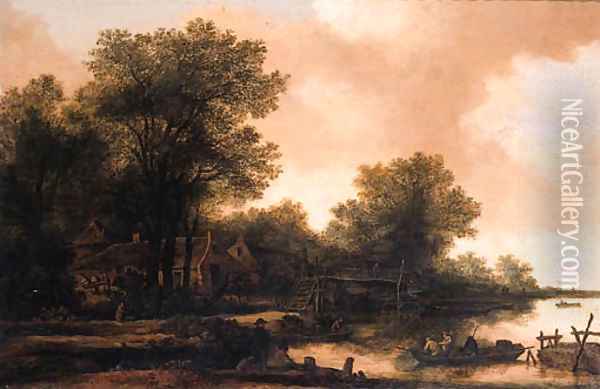 A hamlet in a wood by a river with fishermen in a rowing boat by a footbridge Oil Painting - Pieter Molijn
