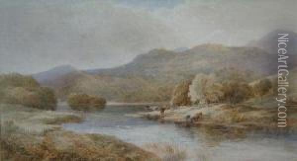 Cattle Drinking At The Convergence Of Two Rivers Oil Painting - Edwin Taylor