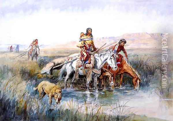 Indian Women Moving Camp Oil Painting - Charles Marion Russell