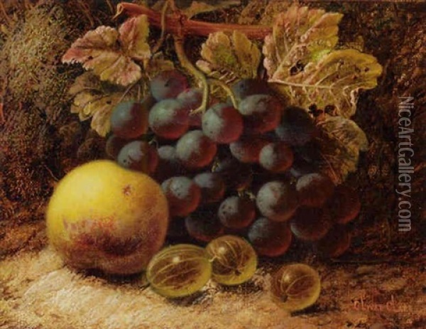 Grapes, Gooseberries And An Apple, On A Mossy Bank Oil Painting - Oliver Clare