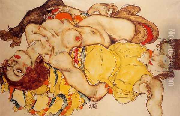 Two Girls Lying Entwined Oil Painting - Egon Schiele