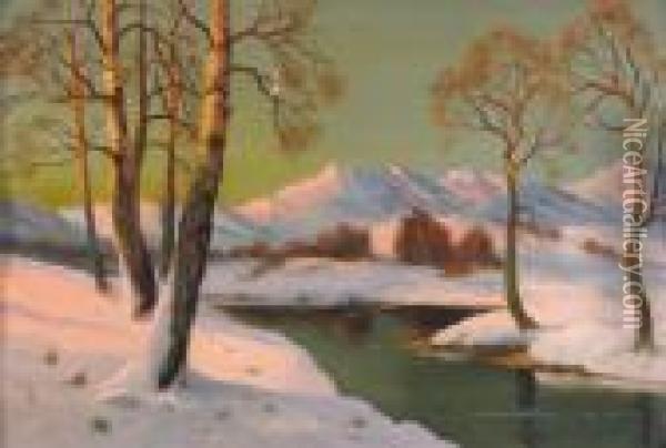 Sunset Over A Winter Landscape Oil Painting - Daniel Sherrin