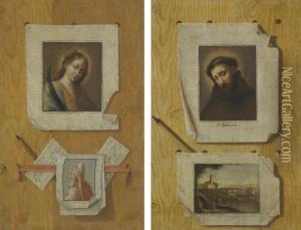 Two Trompe L'oeil Still Lifes Oil Painting - Andrea Domenico Remps