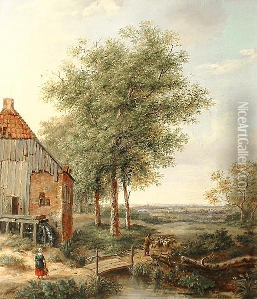 At The Watermill 'de Meyer.1842' (lower Left), And Bears Other Indistinct Signature '...hout' Oil Painting - Anthony Andreas De Meijier