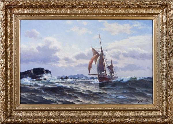 Smack By Cliffs Oil Painting - Lars Laurits Larsen Haaland