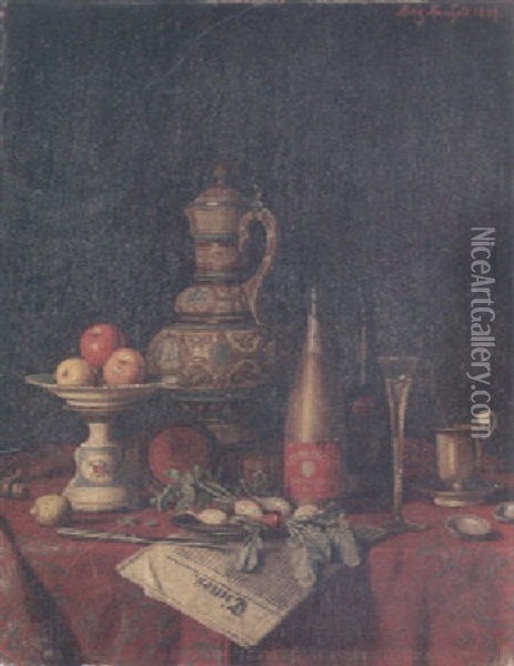 A Still Life With Champagne Bottles, A Flute, An Urn, Apples On A Platter And A Knife On A Newspaper Oil Painting - Moritz Mansfeld