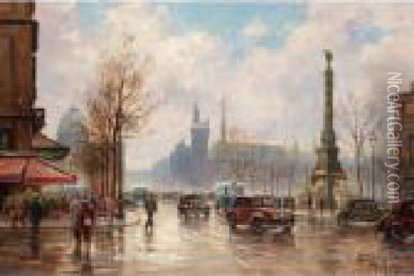 Place Du Chatelet, Paris Oil Painting - Henri Malfroy