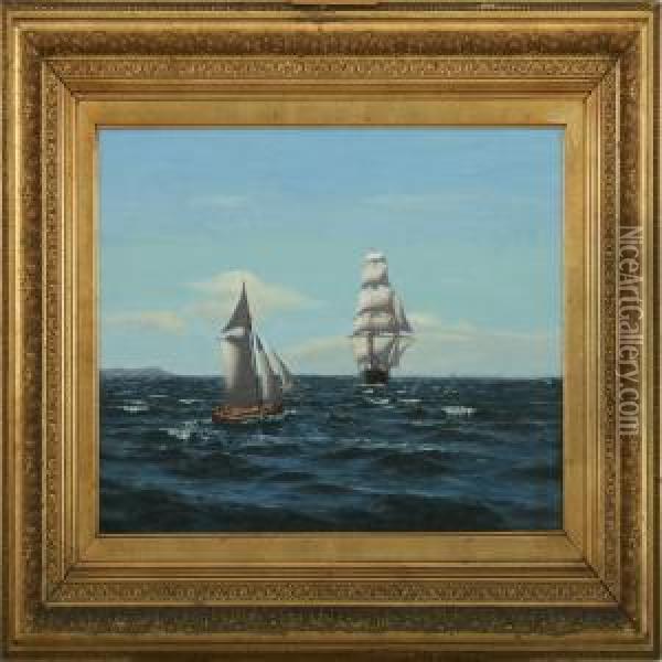 Seascape With Ships Oil Painting - Andreas Christian Riis Carstensen
