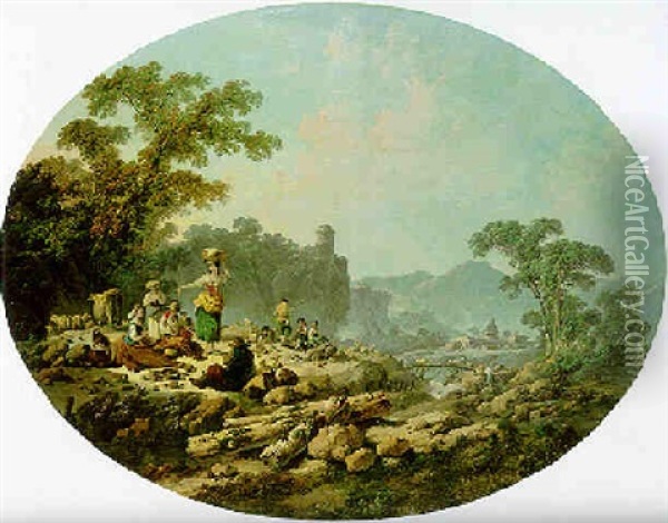 A Mountainous River Landscape With Goatherds And Sheperdesses At Rest Oil Painting - Jean Baptiste Pillement