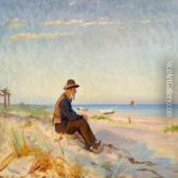 An Old Fisherman From Skagen In The Late Afternoon Sun Onthe Beach Oil Painting - Michael Ancher