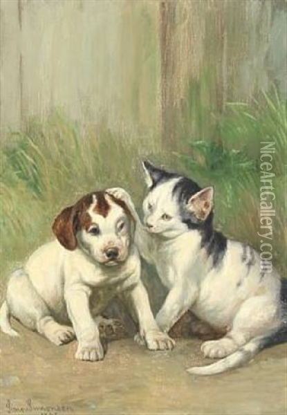 A Cat And A Puppy Making Friends Oil Painting - Simon Simonsen
