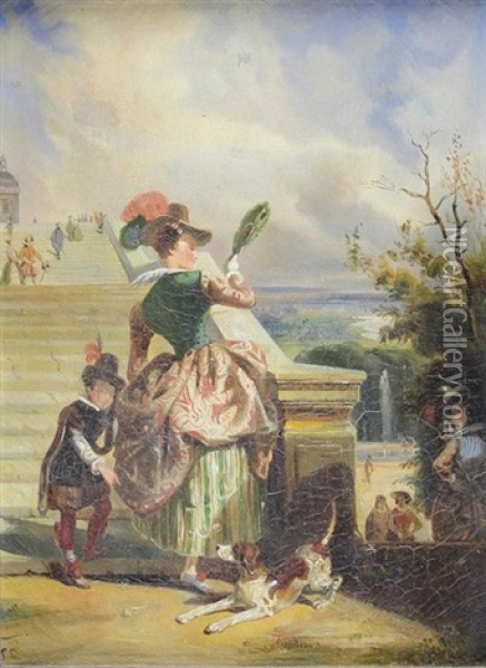 Dame De Cour Et Son Page Gravissant L'escalier Du Pavillon Henri Iv A Saint-germain-en-laye Oil Painting - Jules Jean Baptiste Dehaussy